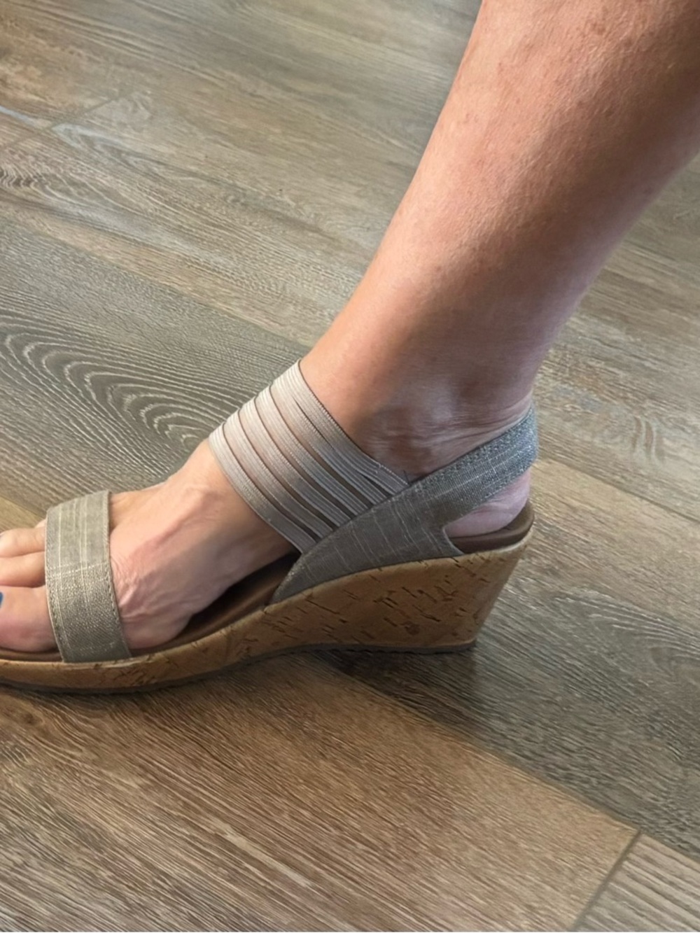 Skechers Taupe Elastic Strap Cork Wedge Sandal